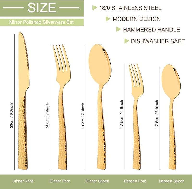 Hammered Stainless Steel Flatware Set 8 Pieces Teaspoon Mirror Finished Vintage Kitchen Cutlery - Image 2